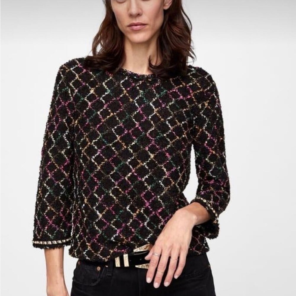 Zara Woman Black‎ Multi Color Bouclé Diamond Knit Top Pearl Chain Trim Large